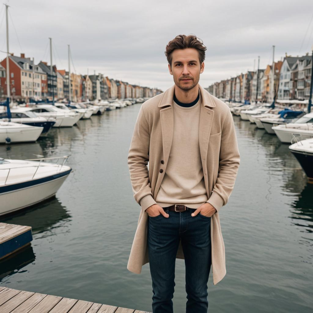 Well-Dressed Man on Dock with Boats