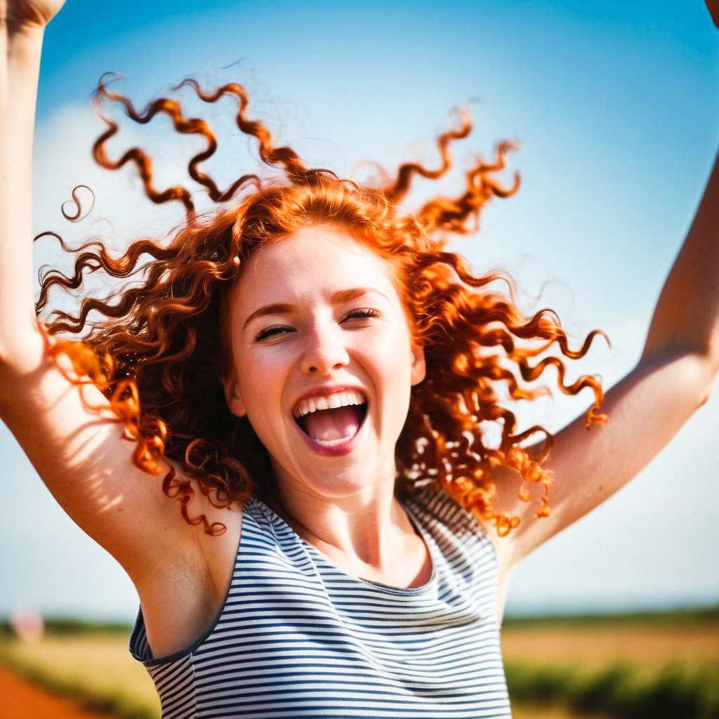 Joyful woman with red curly hair in blue sky