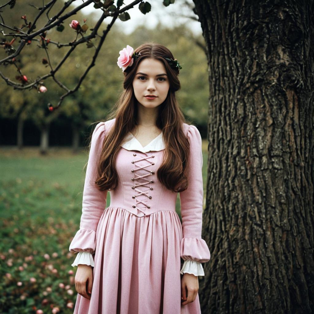 Woman in Briar Rose Costume Pink Dress with Floral Hairpiece Outdoors