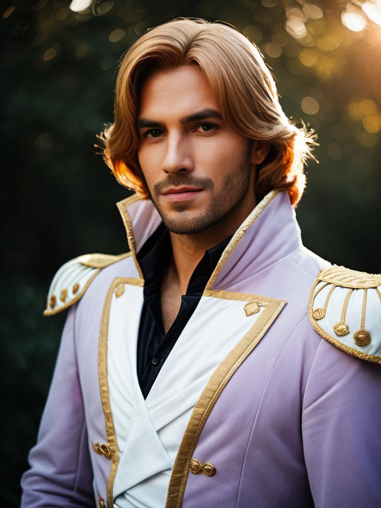Man in Prince Adam Cosplay Costume at Festival Photorealistic Portrait