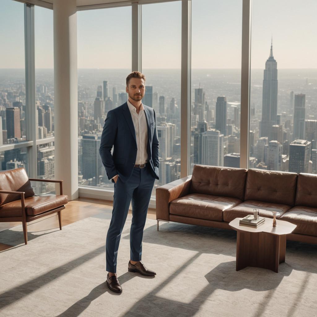 Confident man in modern room with city view