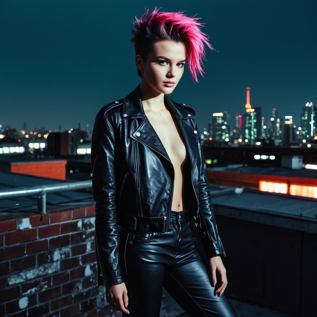 Edgy Woman with Pink Hair in Black Leather Jacket on City Rooftop at Night
