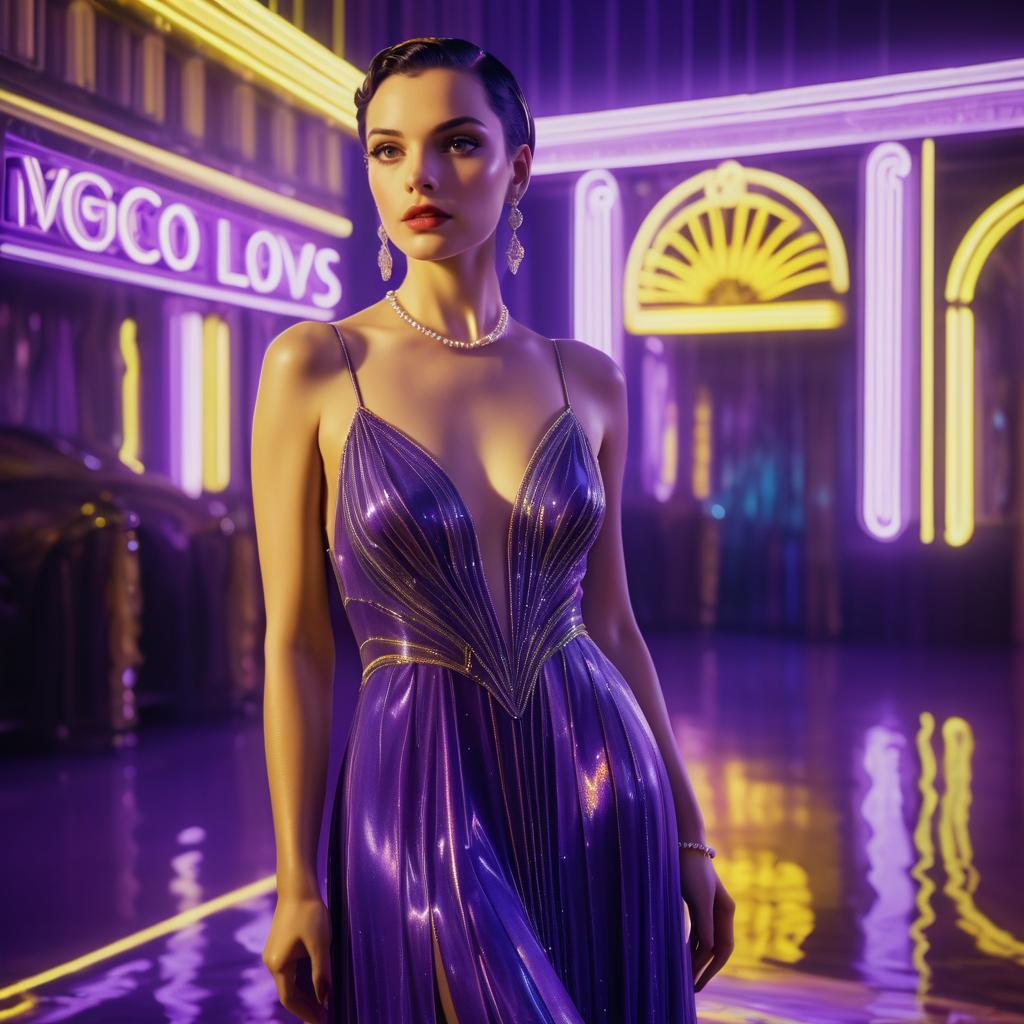 Elegant Woman in Vintage Purple Gown with Neon Lights