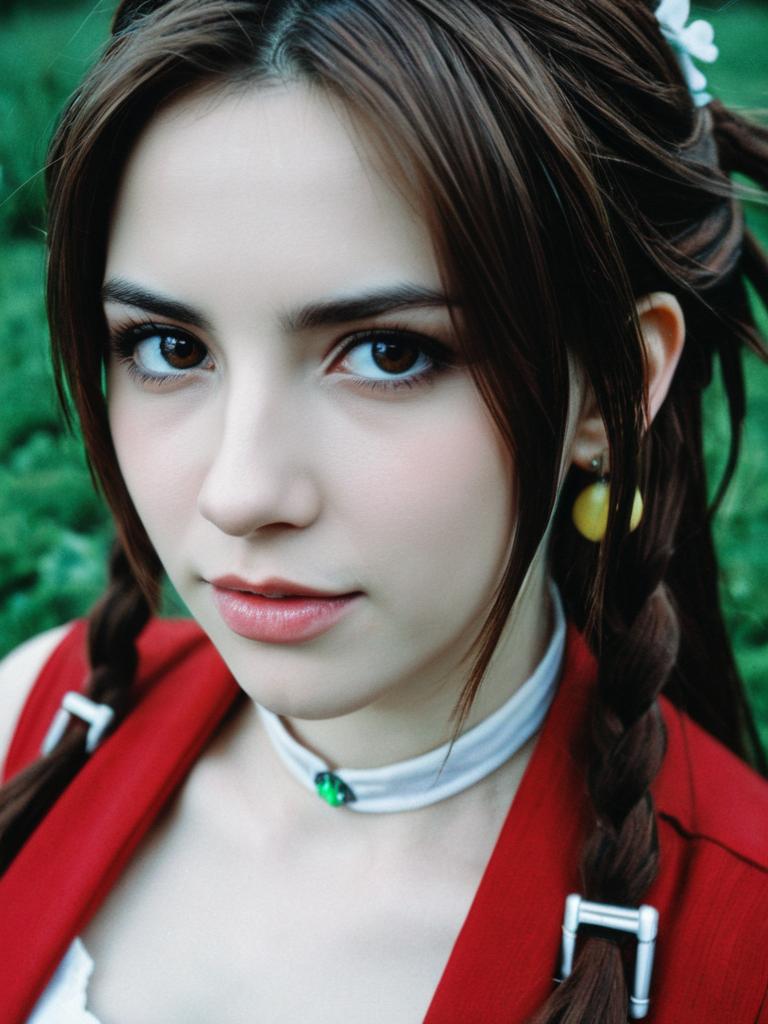 Photorealistic Close-Up of Woman in Aerith Cosplay Costume