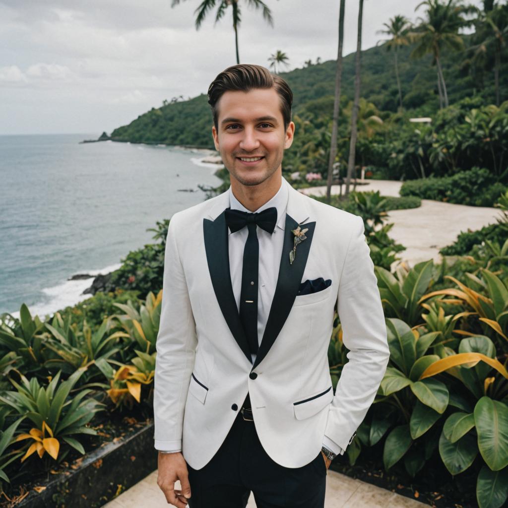 Elegant Man in Tuxedo Surrounded by Tropical Foliage