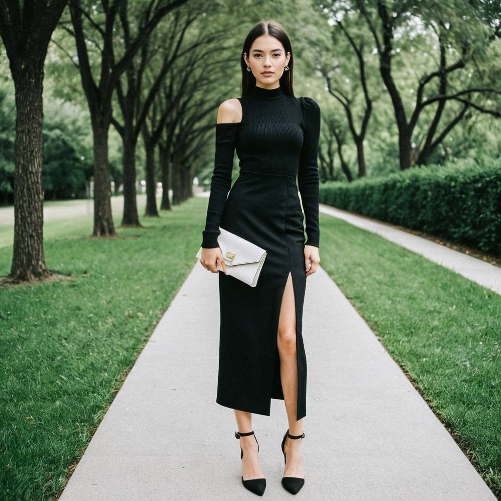 Stylish Woman in Black Dress on Tree-Lined Pathway