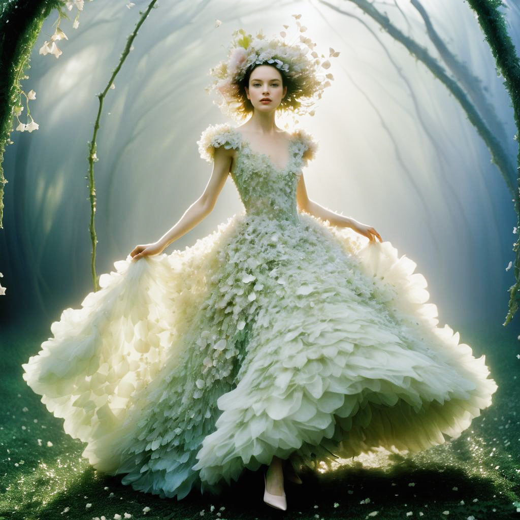 Ethereal Woman in Flower Petal Gown in Magical Forest