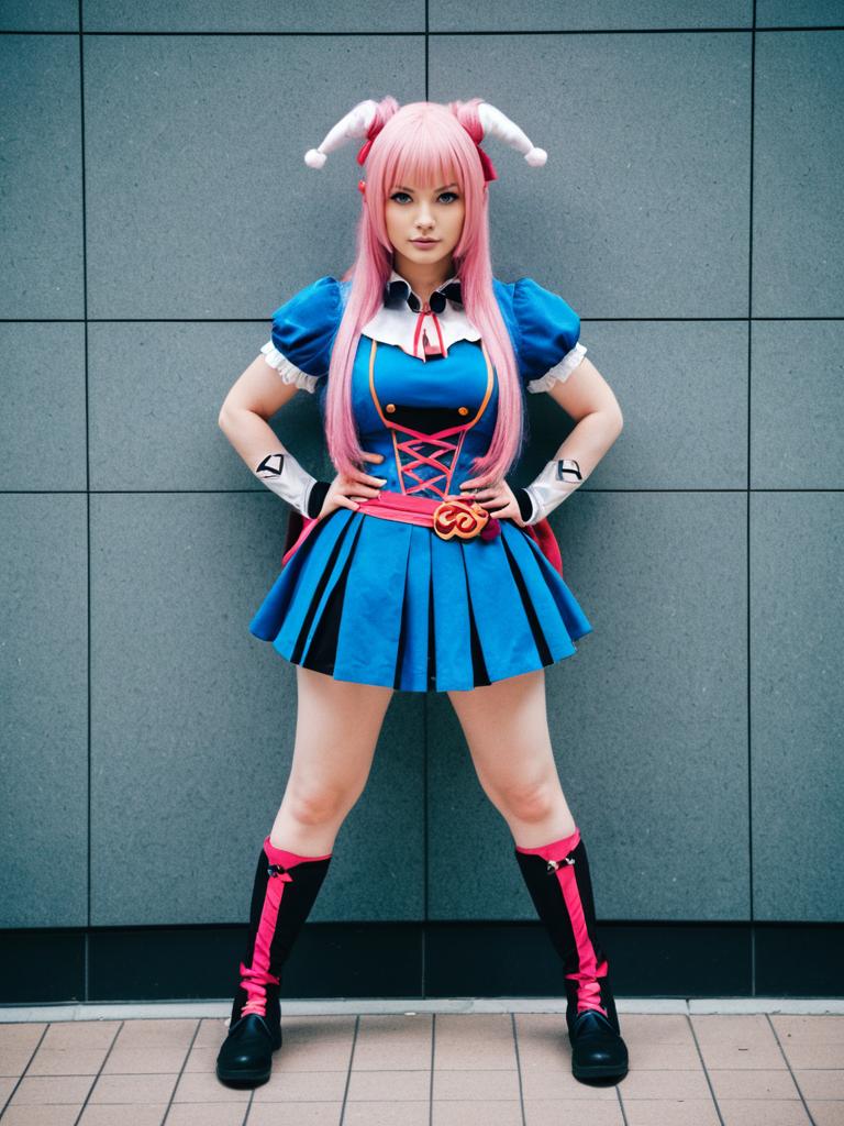 Anime-Inspired Woman in Blue and Pink Cosplay Outfit with Pink Hair