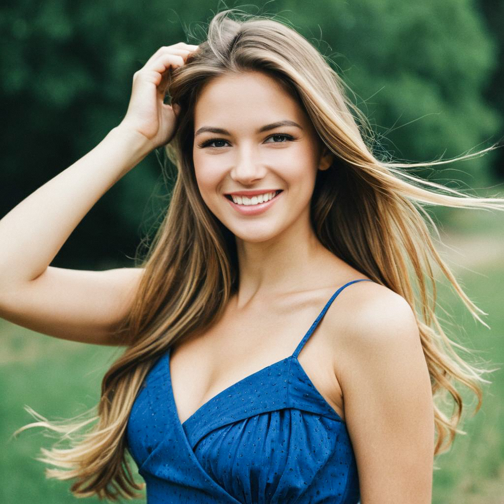 Smiling Woman in Blue Dress Outdoors