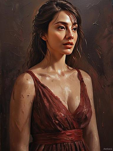 Oil Painting Portrait of Woman in Red Dress
