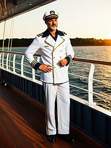 Man in Ship Captain Costume Photorealistic Outdoor Portrait on Ship Deck