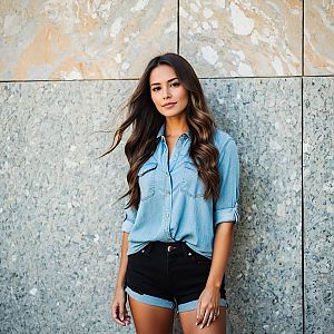 Confident Woman in Denim Against Stone Wall