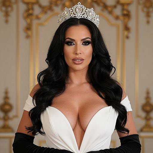 Glamorous Woman in White Gown Wearing Silver Tiara with Luxurious Background