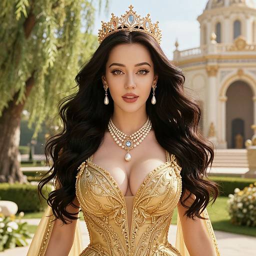 Regal Woman in Ornate Golden Gown with Crown in Palace Garden
