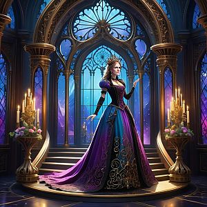 Regal Woman in Gothic Hall with Candlelight