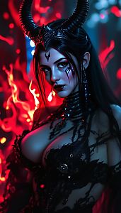 Dark Fantasy Woman with Horns in Gothic Attire and Fiery Background