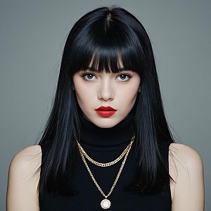 Portrait of a Woman with Black Hair and Red Lipstick