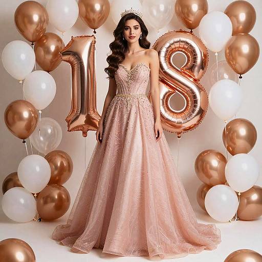 Rose Gold 18th Birthday Woman in Pink Dress with Balloons