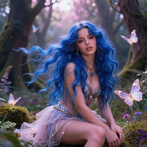 Fantasy Portrait of Woman with Blue Hair in Enchanted Forest