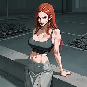 Anime Woman with Red Hair in Urban Setting
