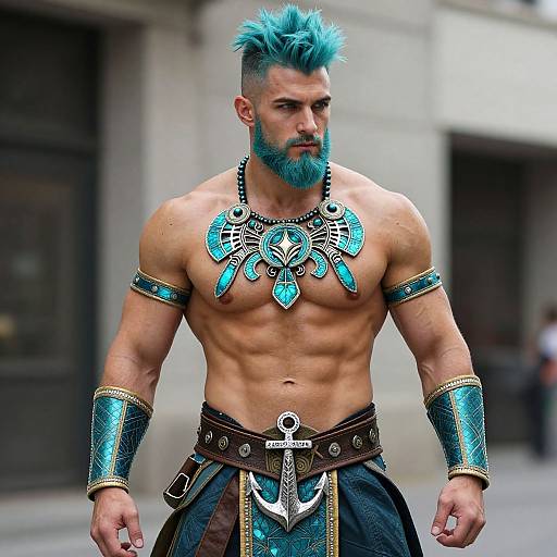 Muscular Man in Turquoise Fantasy Warrior Armor with Anchor Belt