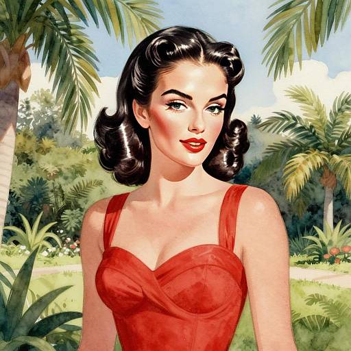 1950s Pin-Up Woman in Red Dress Tropical Background Vintage Style Illustration