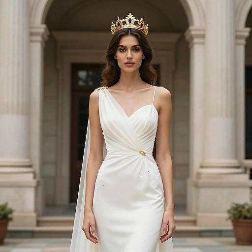 Goddess Woman in White Dress with Gold Crown Standing in Front of Classical Architecture