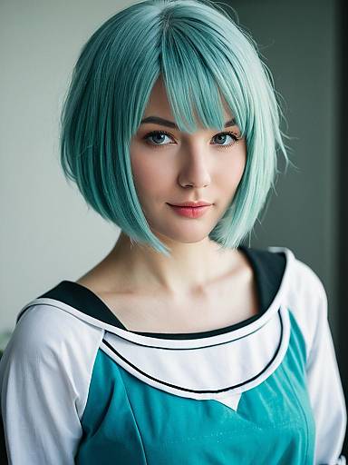 Young Woman with Teal Bob Hair in Anime-Inspired Sailor Outfit