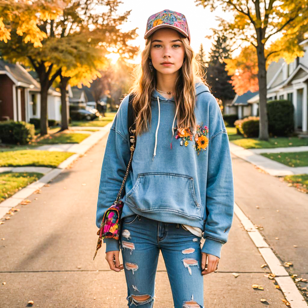 Confident Woman in Blue Hoodie on Autumn Street