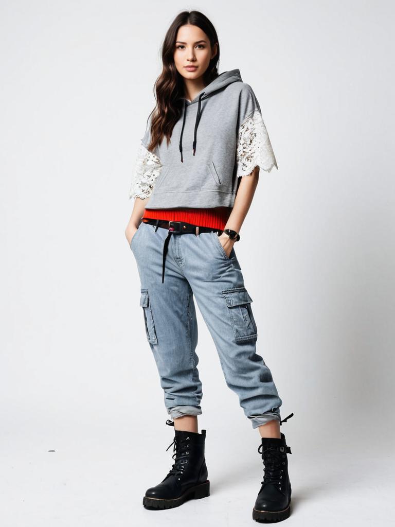 Young Woman Wearing Cropped Hoodie with Lace Sleeves and Cargo Pants