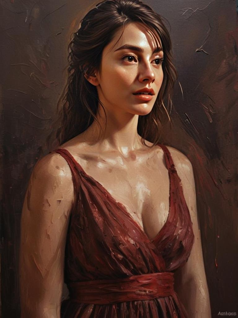 Oil Painting Portrait of Woman in Red Dress