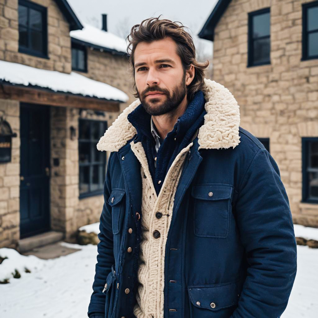 Stylish Man Wearing Layered Winter Clothing in Snowy Rustic Setting