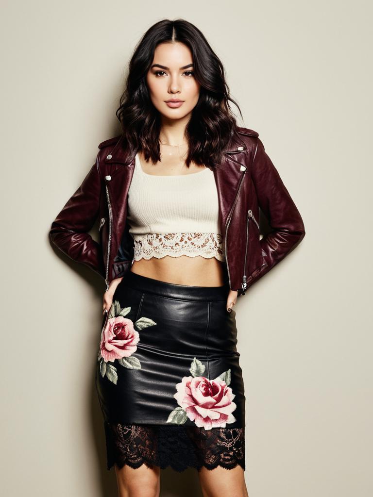 Stylish Woman in Burgundy Leather Jacket and Floral Embroidered Black Skirt