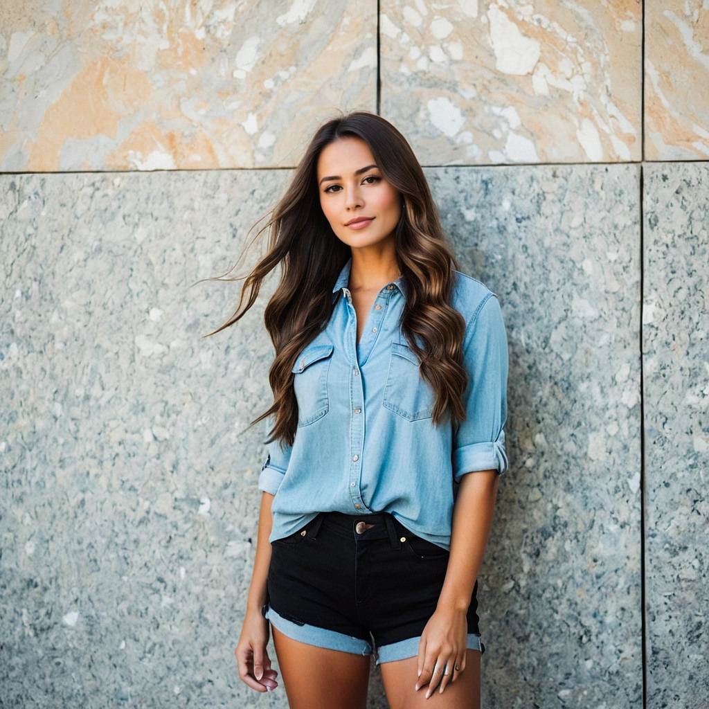Confident Woman in Denim Against Stone Wall Confident Woman in Denim Against Stone Wall