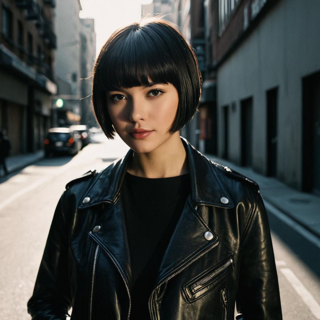 Confident Young Woman in Black Leather Jacket on Urban Street
