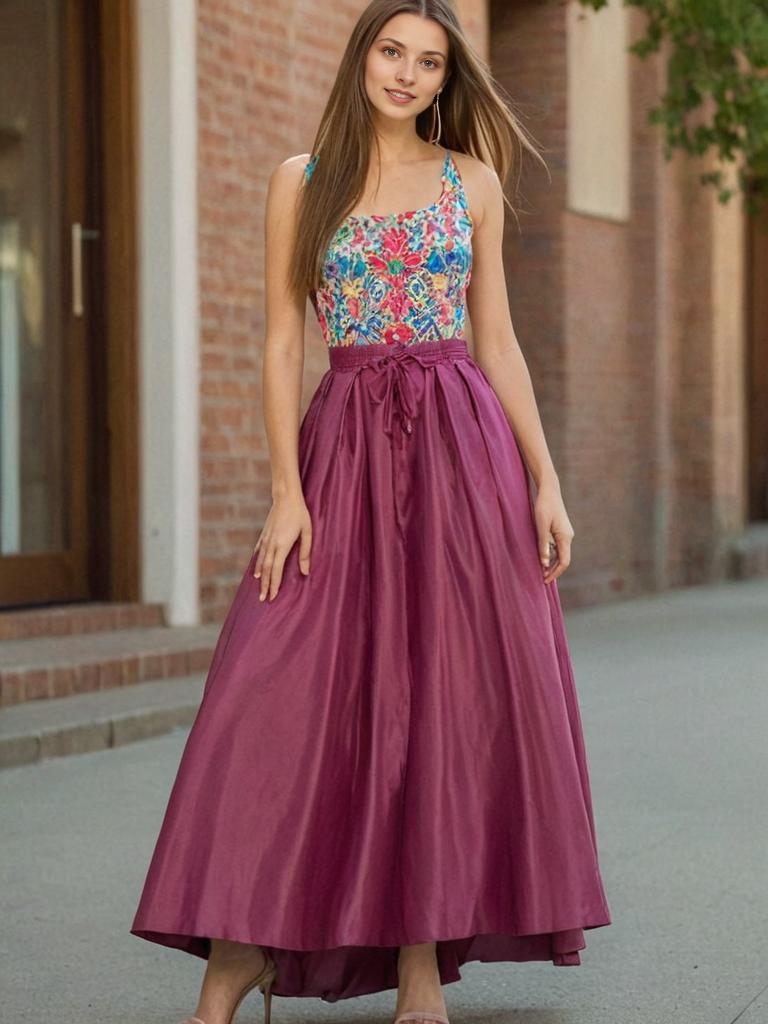 Woman in Floral Top and Purple Skirt