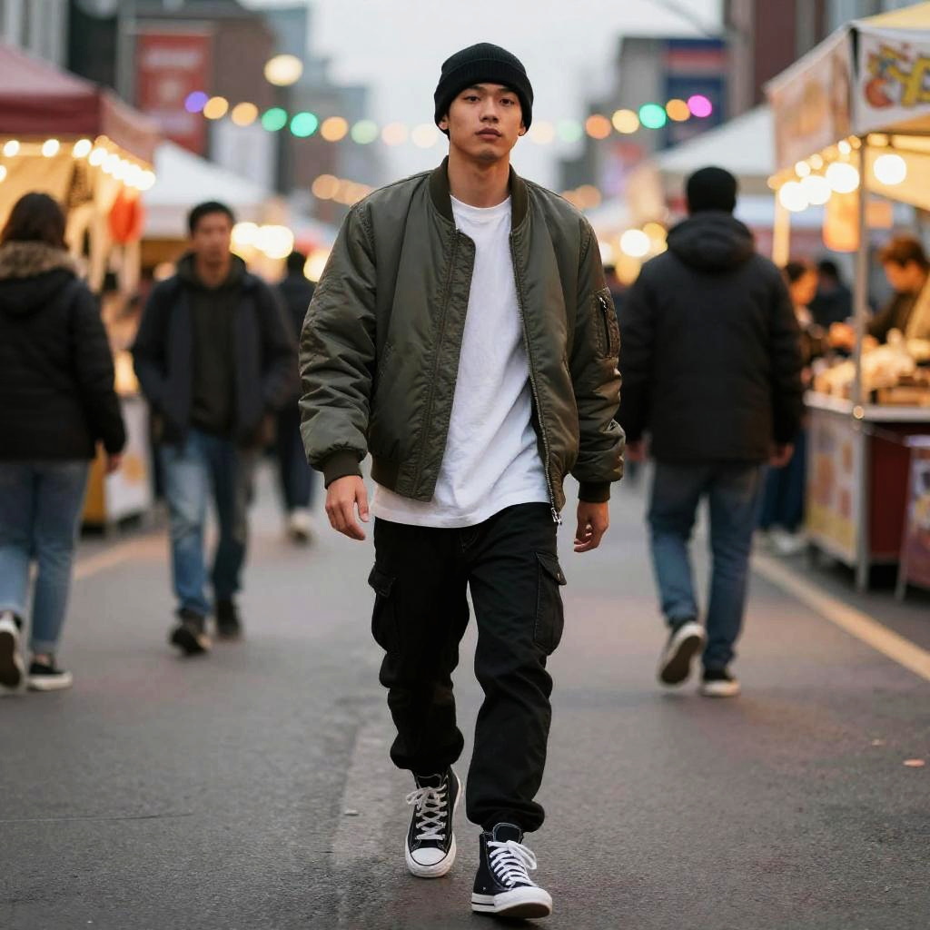 Young Man in Urban Streetwear Walking Amid City Market with Colorful Lights