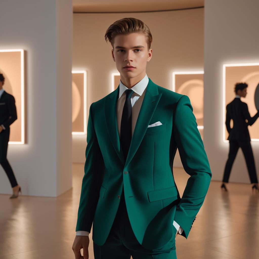 Young Man in Green Suit at Stylish Gallery