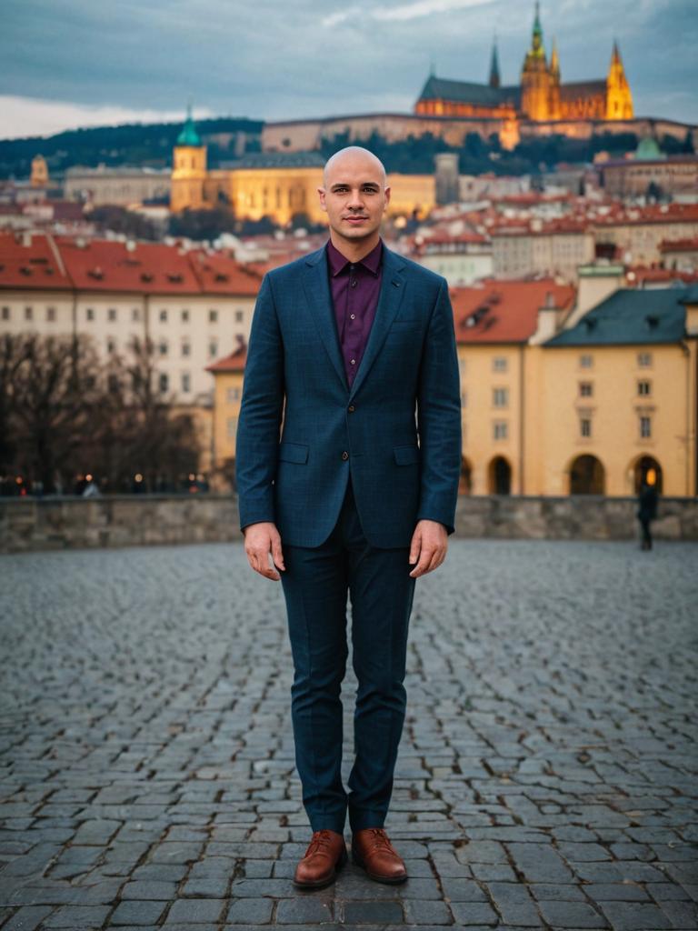 Confident Man on Cobblestone Street with Historic Cityscape