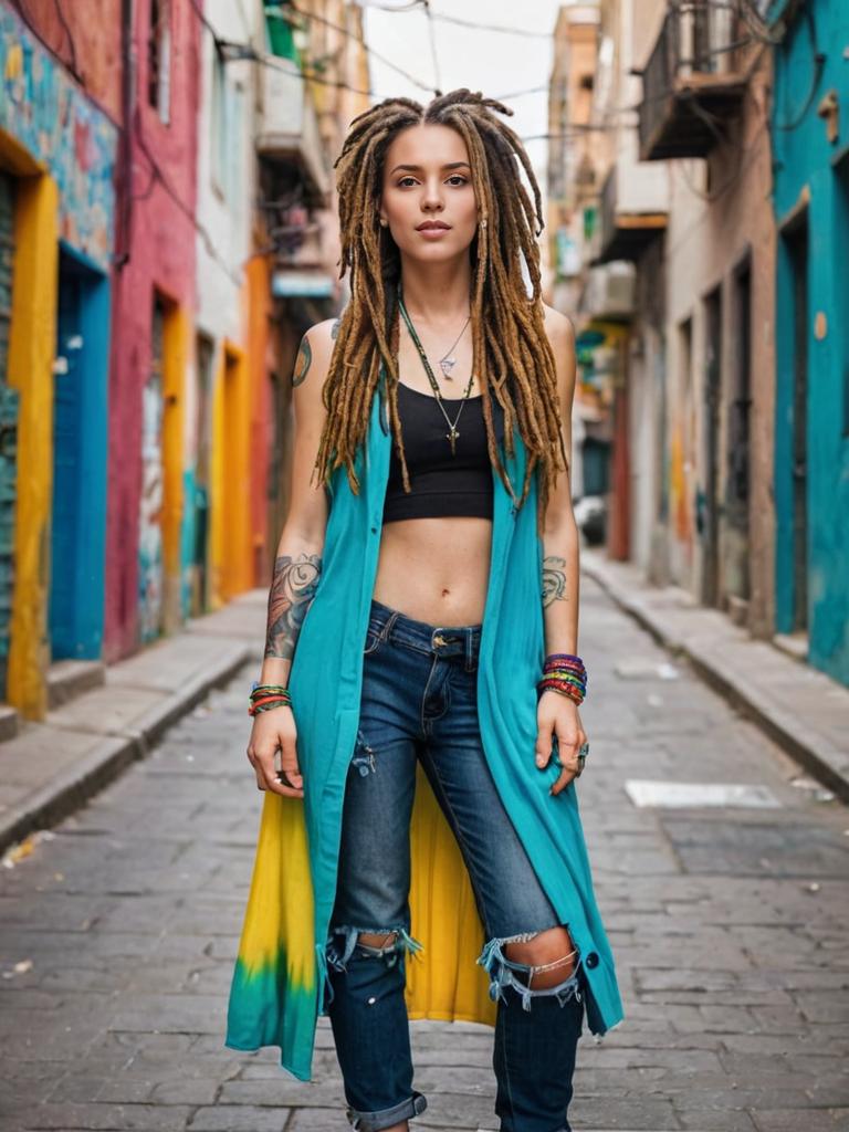 Confident White Woman with Dreads in Urban Style