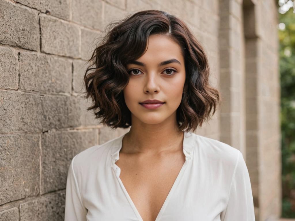 Confident Woman with Wavy Bob Hairstyle in White Blouse