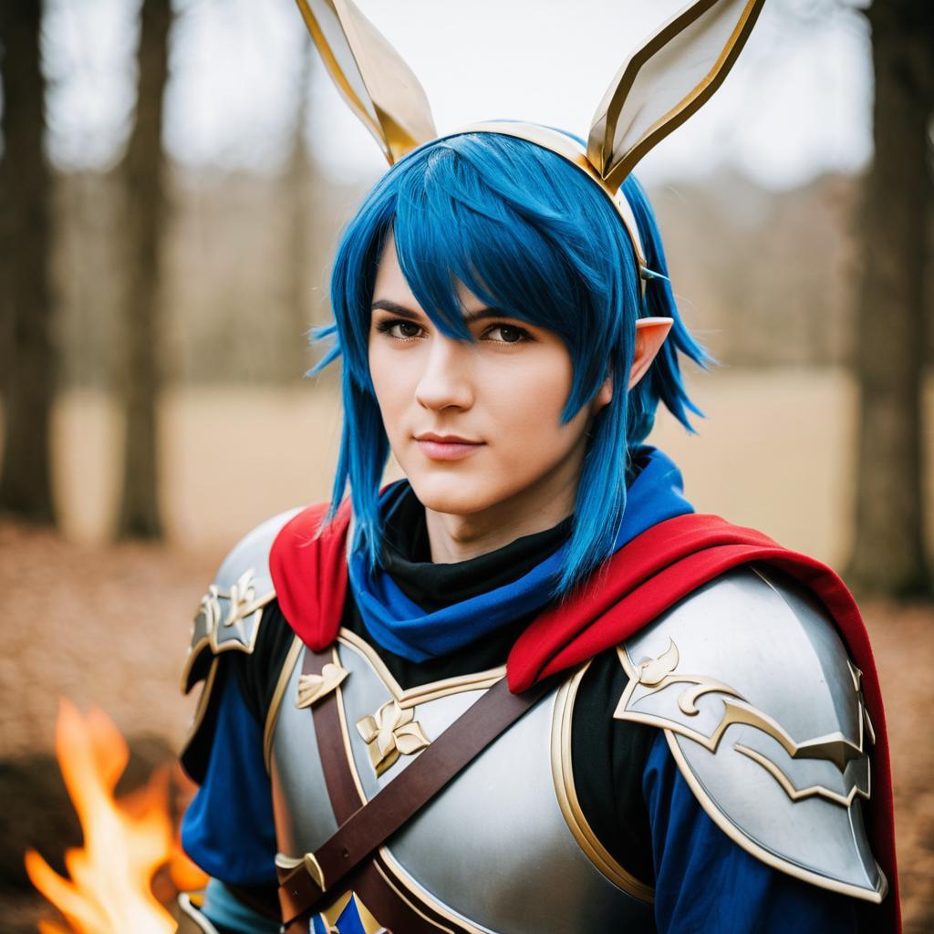 Alfonse Fire Emblem Cosplay Portrait in Fantasy Armor with Blue Hair