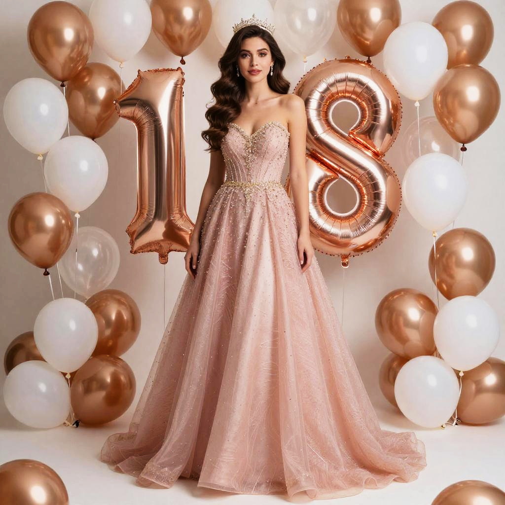 Rose Gold 18th Birthday Woman in Pink Dress with Balloons