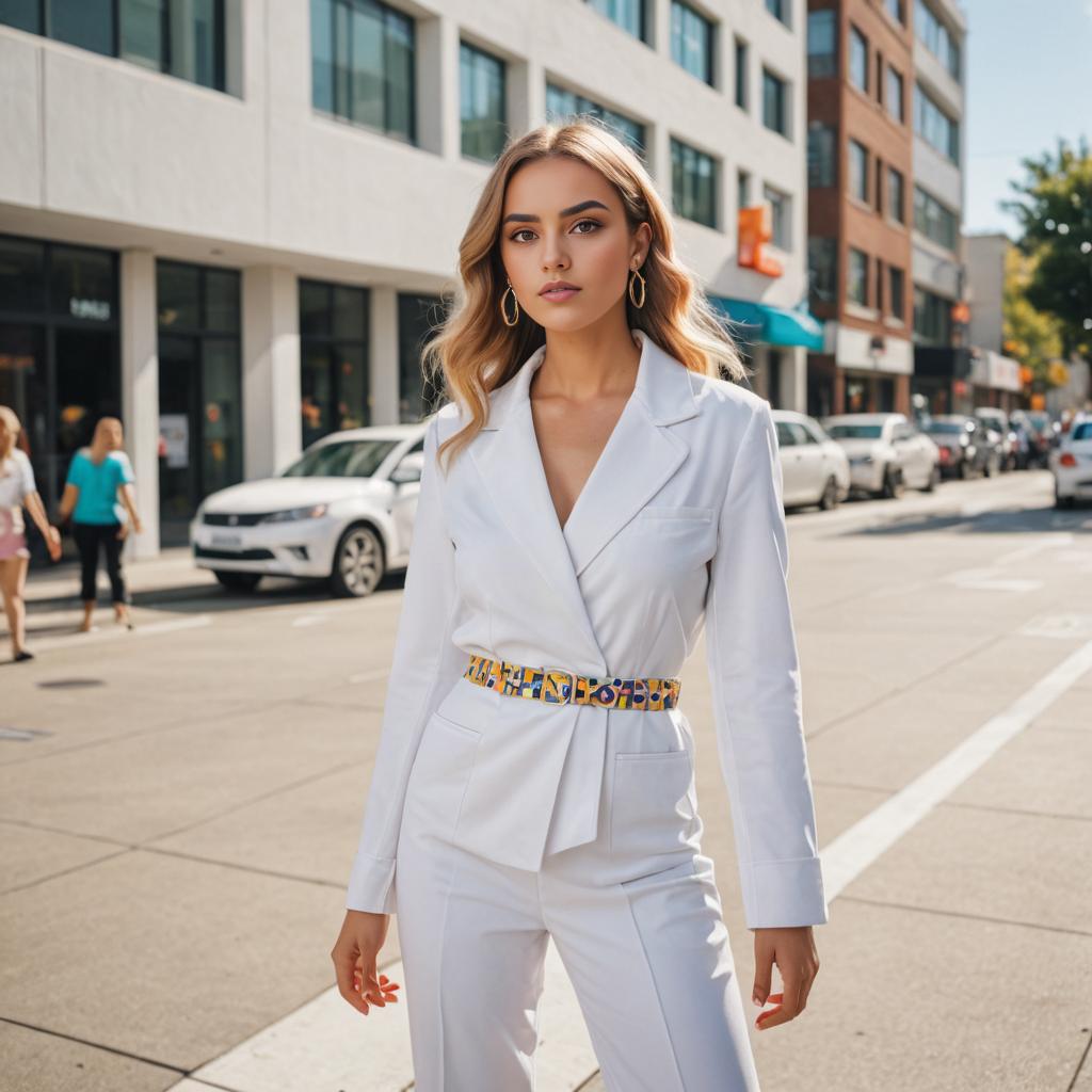 Woman in Stylish White Suit Emulating Vanessa Kensington