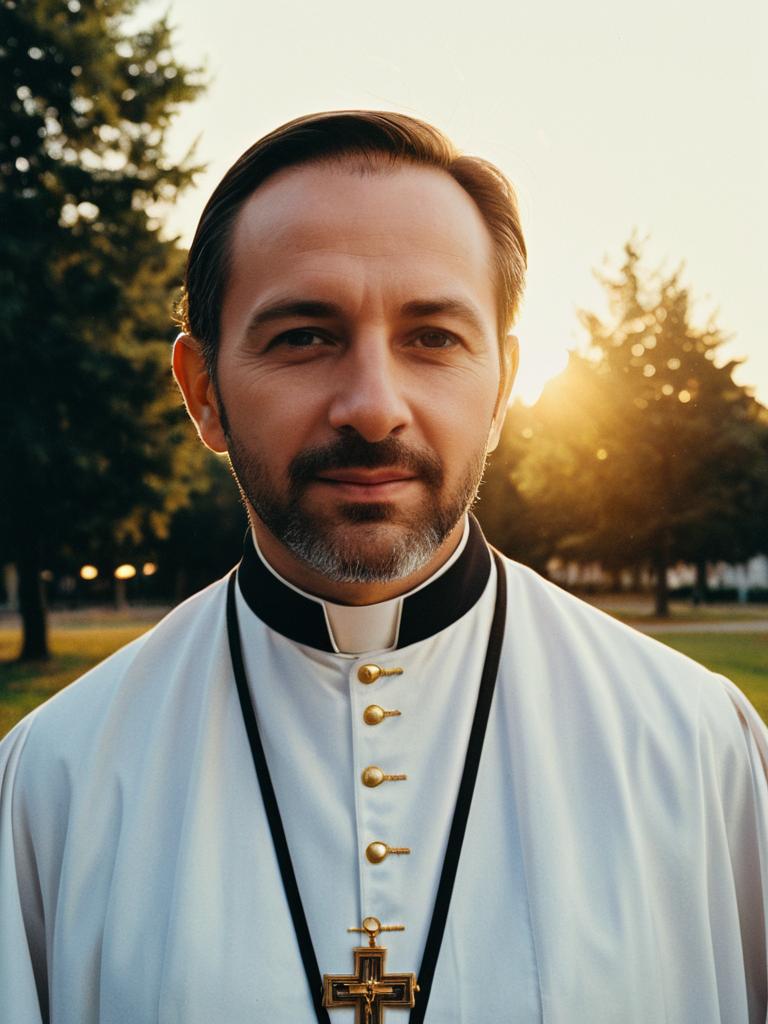 Man in Catholic Priest Costume Outdoor Portrait Golden Hour