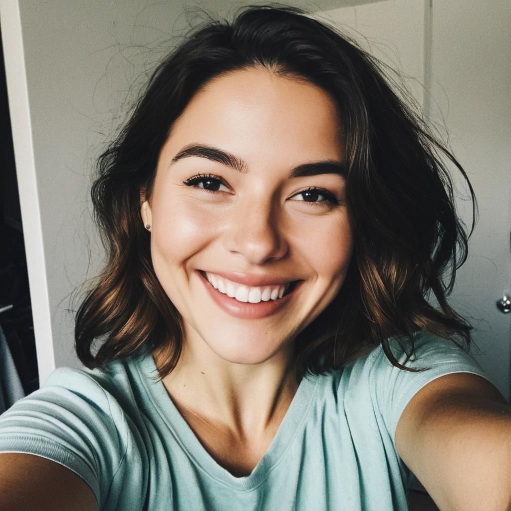 Smiling Young Woman Taking a Selfie in Casual Light Green T-Shirt