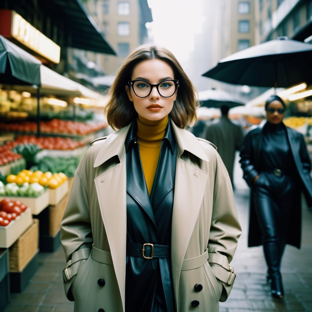 Stylish Woman in Chic Trench Coat at Market