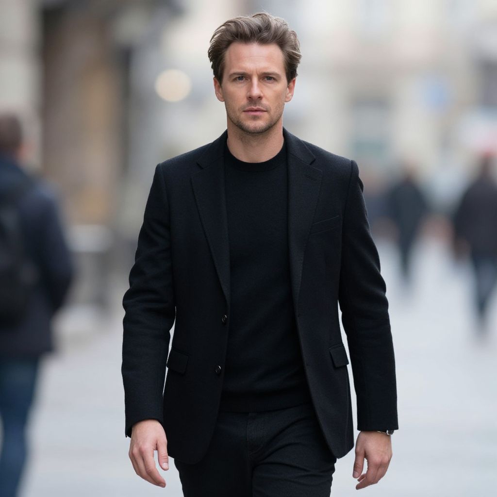 Confident Man in Black Blazer Walking on Urban Street