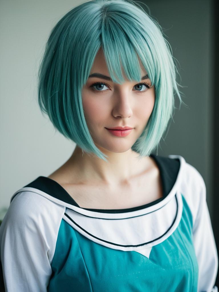 Young Woman with Teal Bob Hair in Anime-Inspired Sailor Outfit