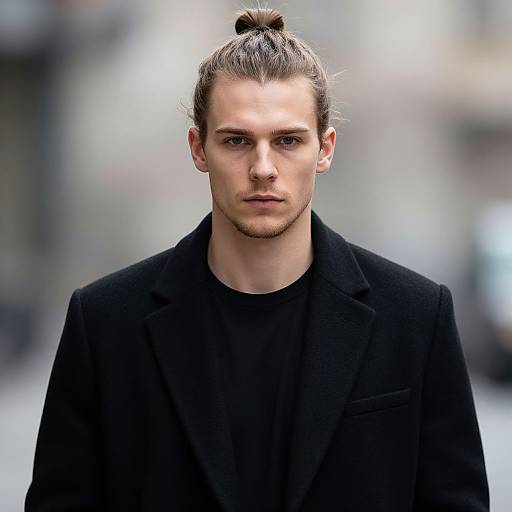 Portrait of Young Man with Man Bun in Black Coat Urban Street